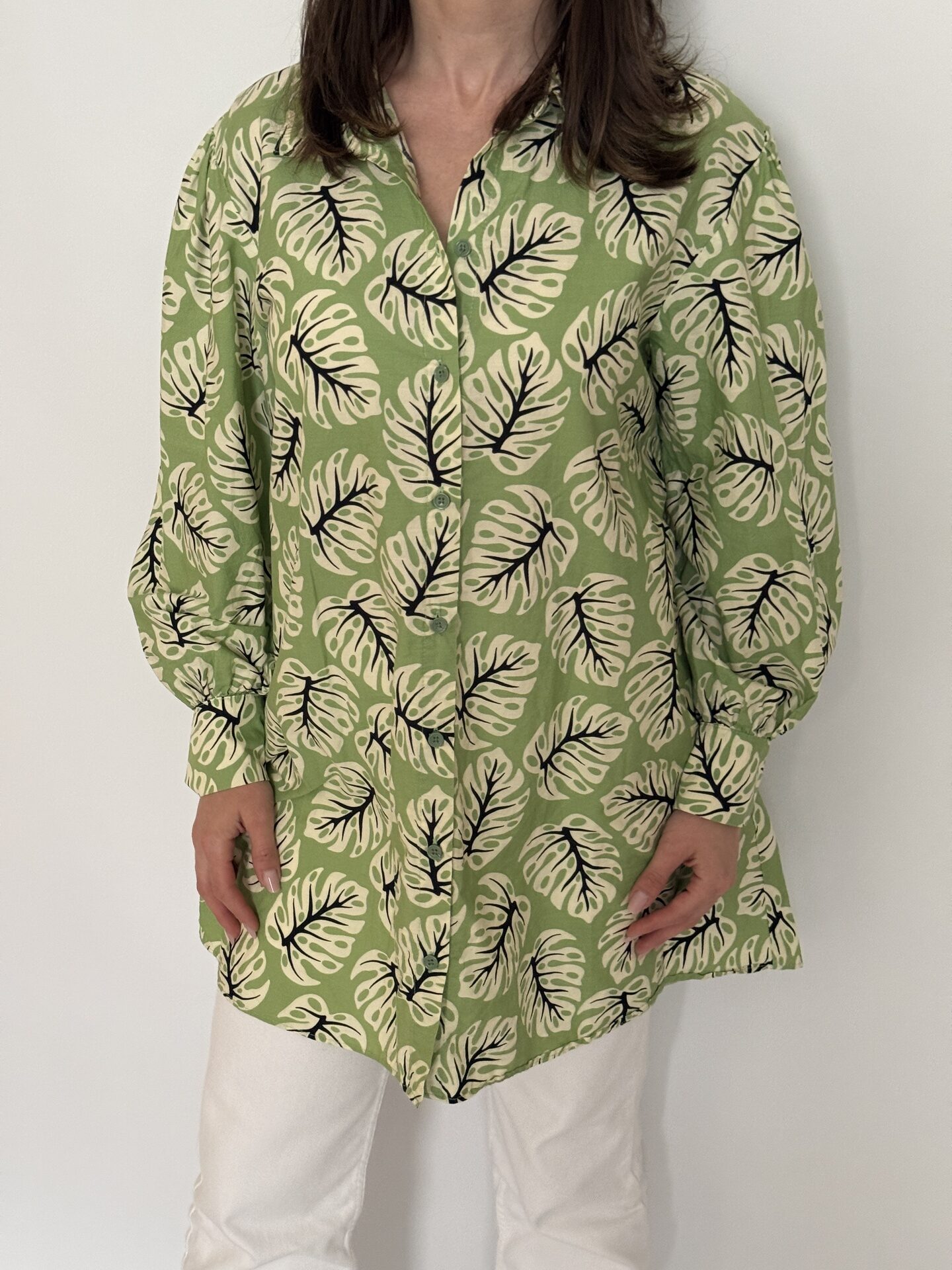 Cămașă tunică din bumbac, croi drept, oversized, verde, cu print de frunze monstera - Zara
