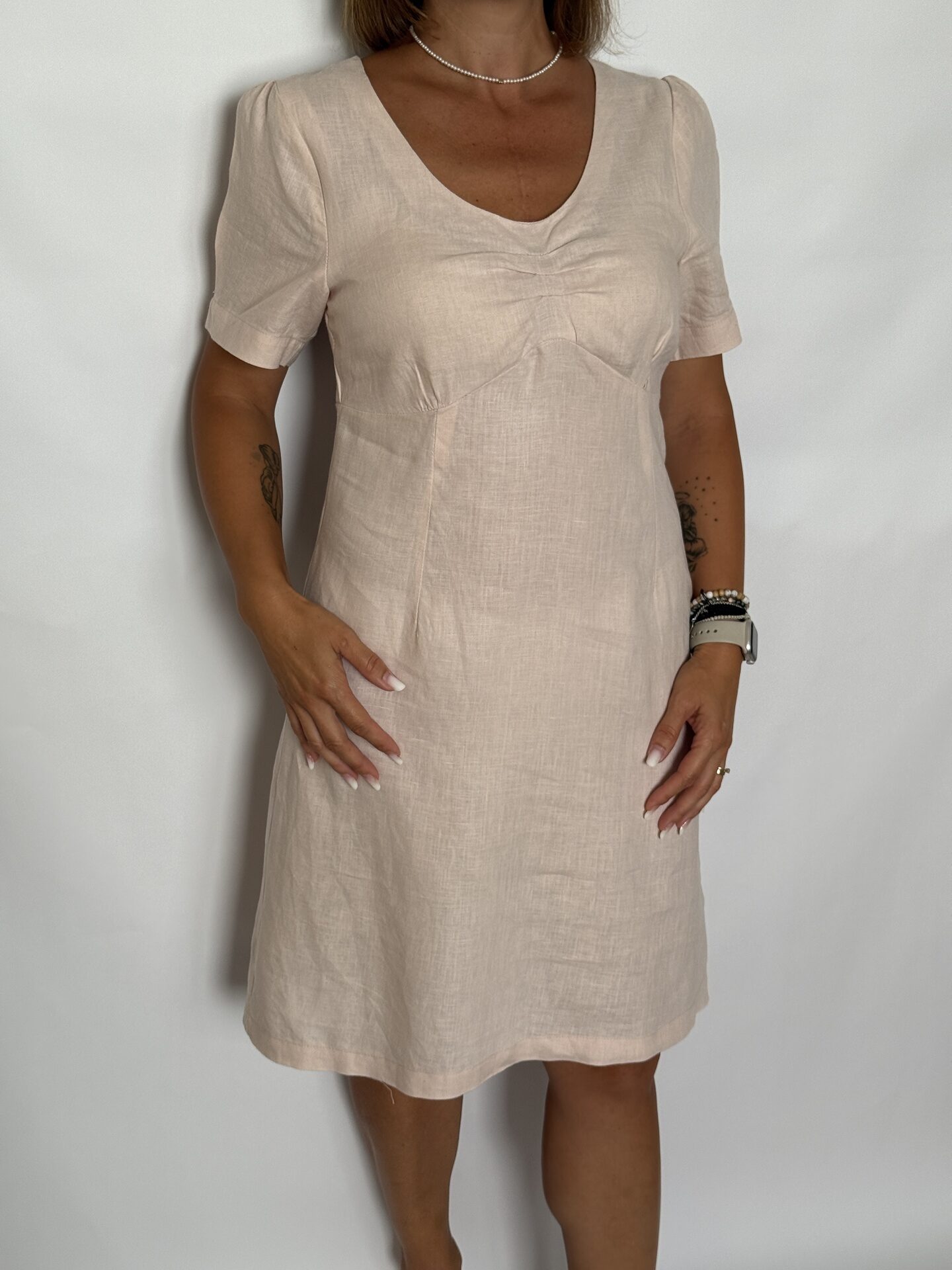 Rochie din in, croi feminin cu talie marcată, mânecă scurtă, roz pudră - Flash
