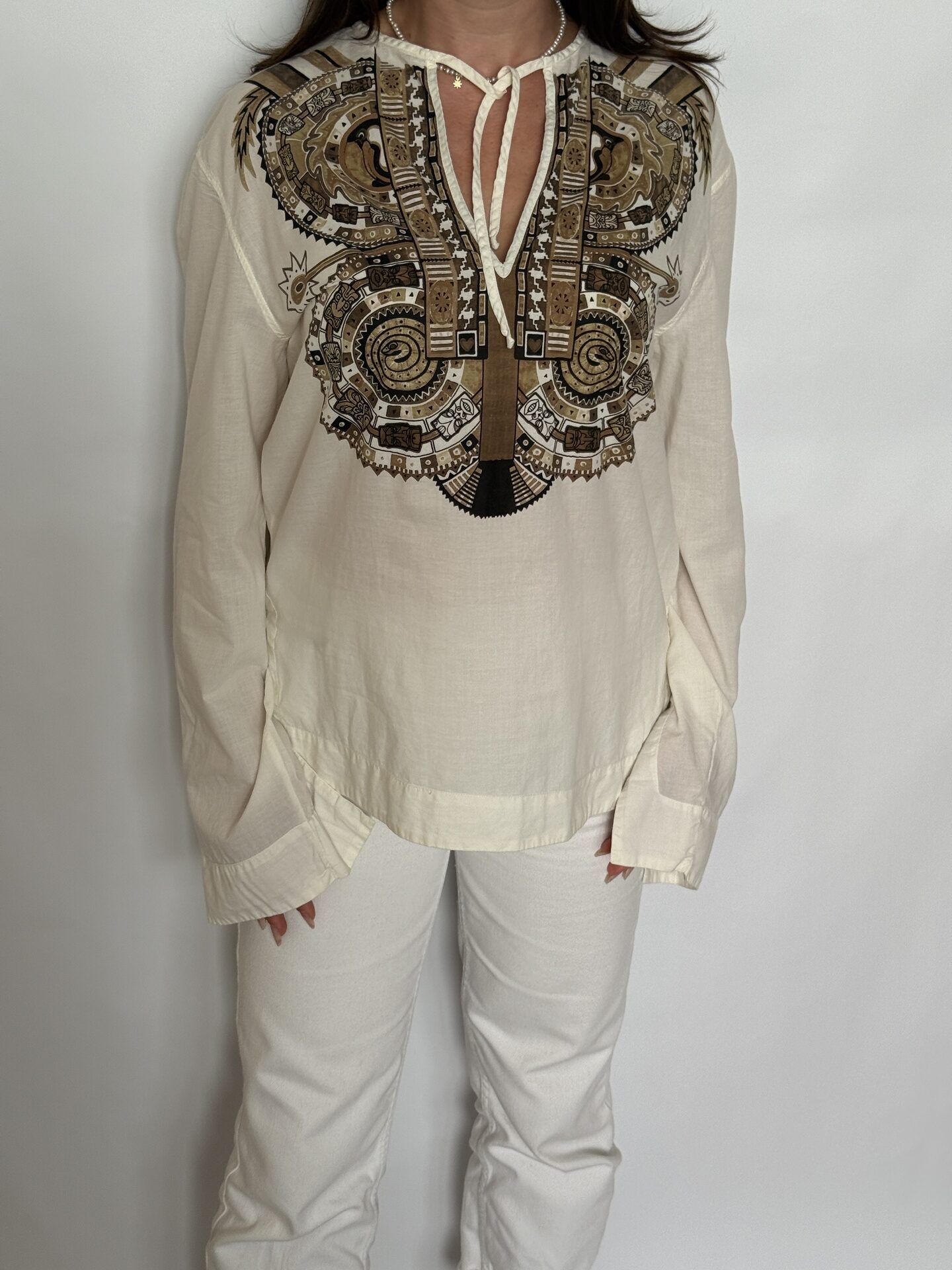 Bluză din bumbac, croi drept, cu decolteu în anchior, cu șnur, print abstract, alb unt - Just Cavalli, brand premium