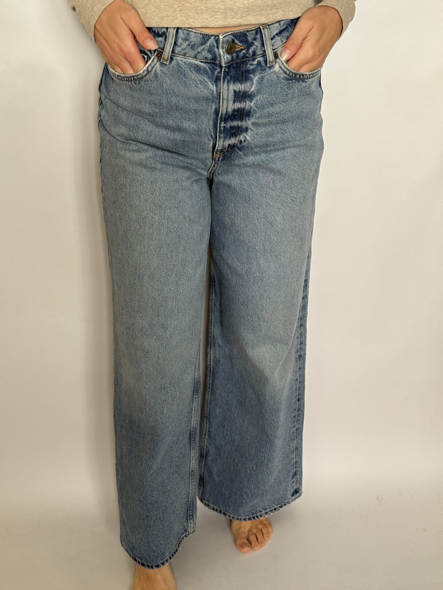 Jeans din denim de bumbac, stil wide hide west, cu buzunare, albaștrii - Jjxx