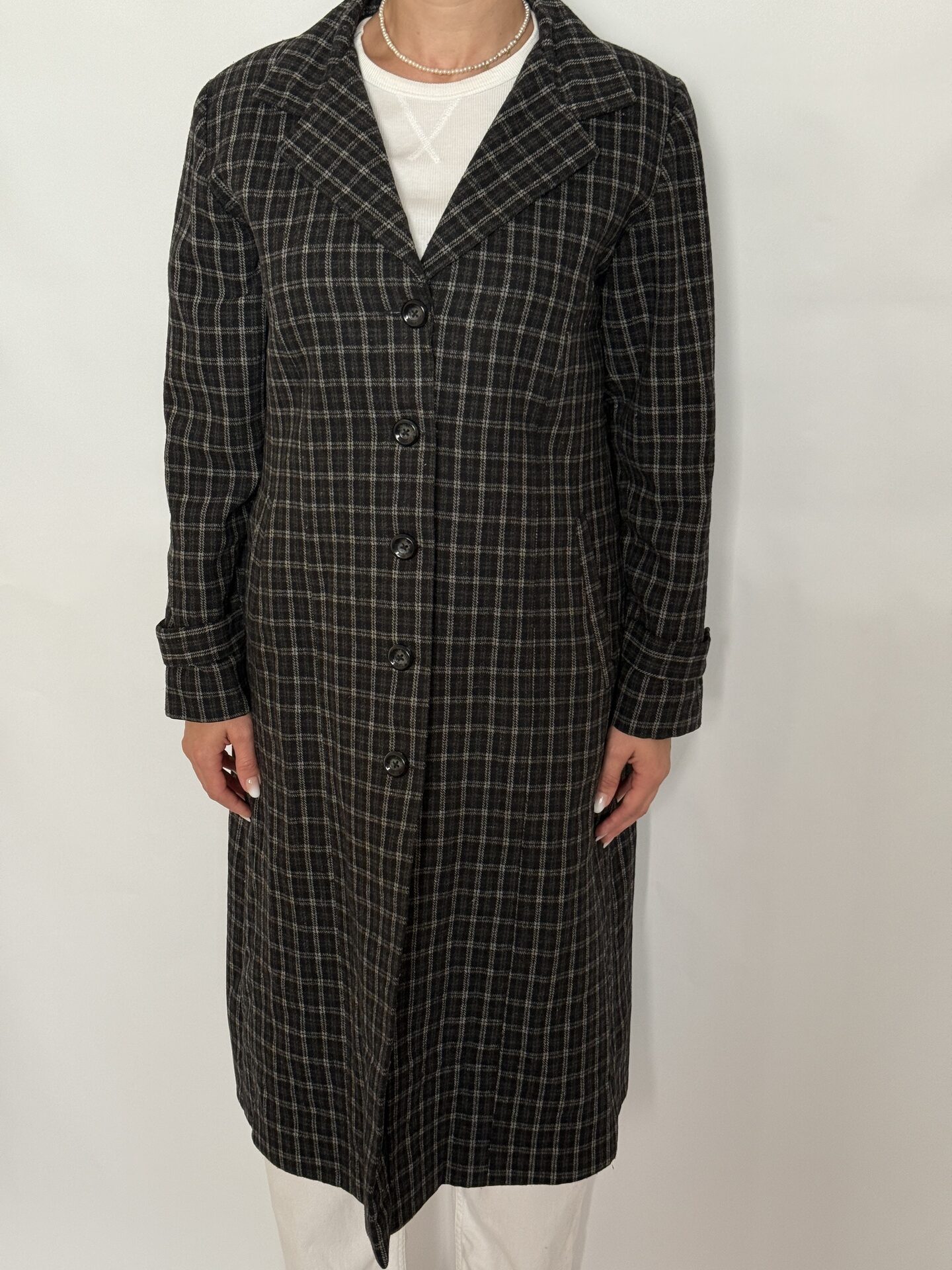 Trench midi din amestec de lână, croi ușor cambrat, închidere cu nasturi, buzunare, model în carouri, negru - gri