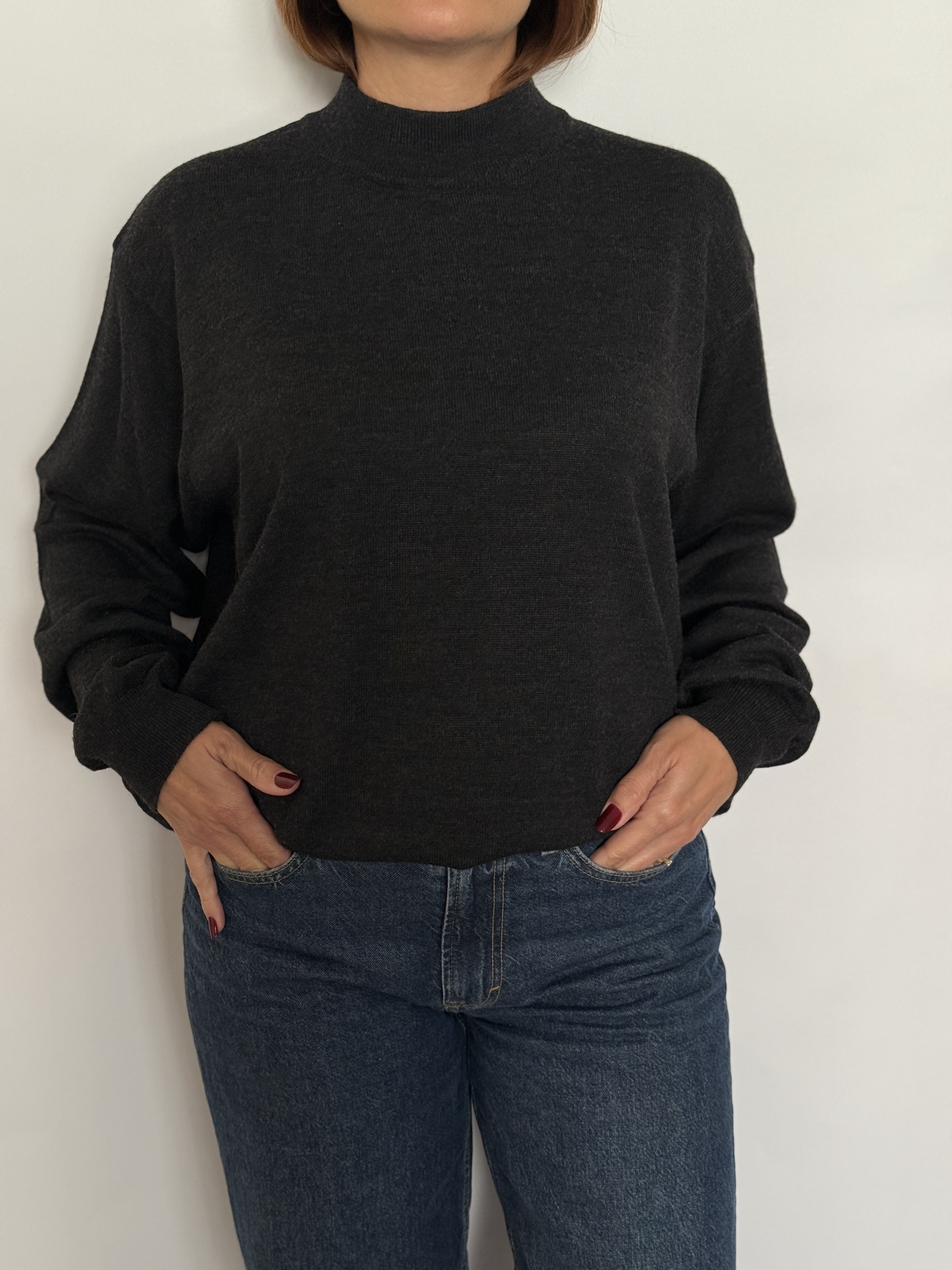 Pulover maletă din amestec de lână merinos, gât ușor înalt, unisex, croi drept, model basic, gri- Connection