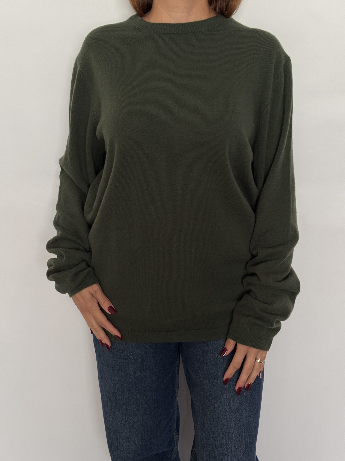 Pulover din lână certificată, croi lung, cu decolteu rotund, basic, verde - United Colors Of Benetton