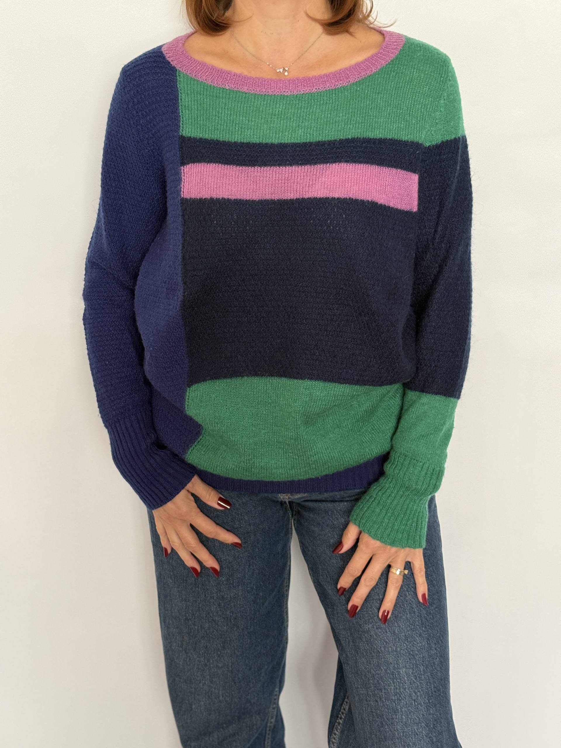 Pulover din lână și mohair, croi lung, multicolor, în nuanțe de bleumarin, mov și verde, decolteu rotund - United Colors of Benetton