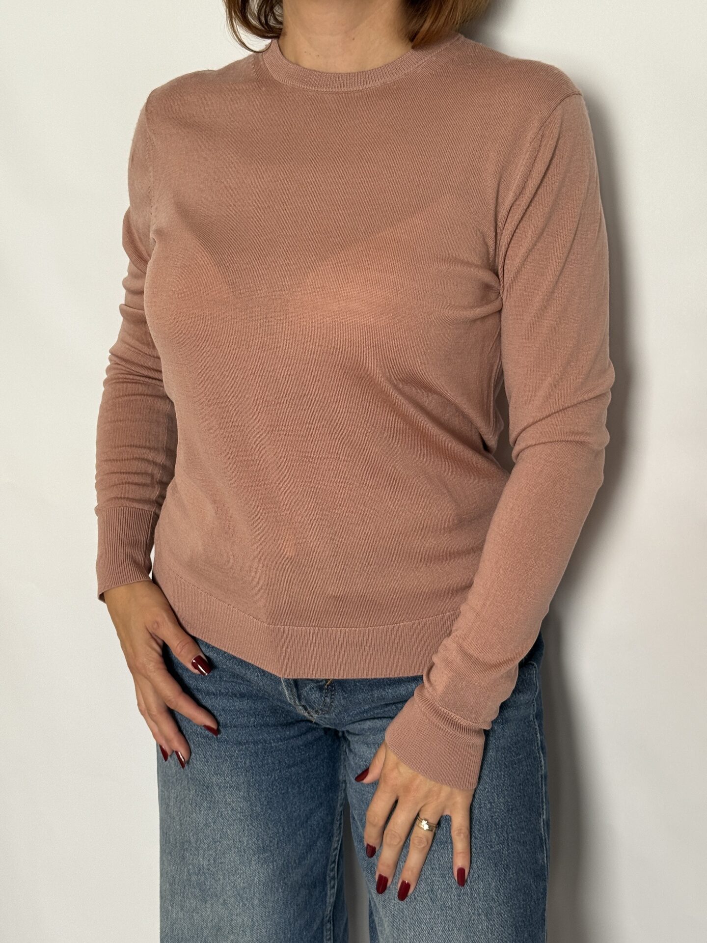 Pulover din lână subțire, croi drept, cu decolteu rotund, textură fină, model basic, roz pudră - Uniqlo
