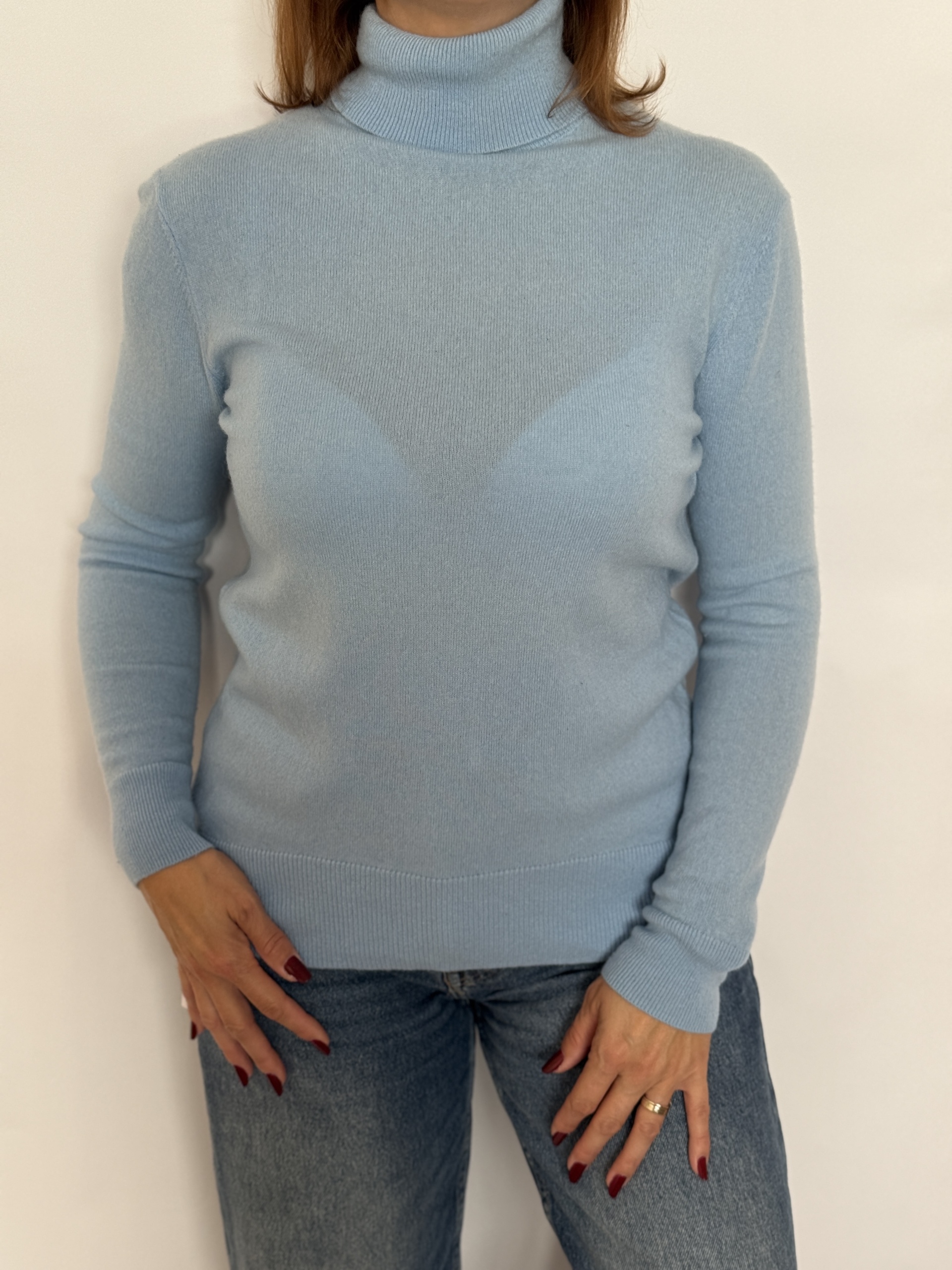 Maletă din lână și cașmir, croi drept, lejer, cu guler înalt, rulat, textură pufoasă, albastru deschis - Massimo Dutti