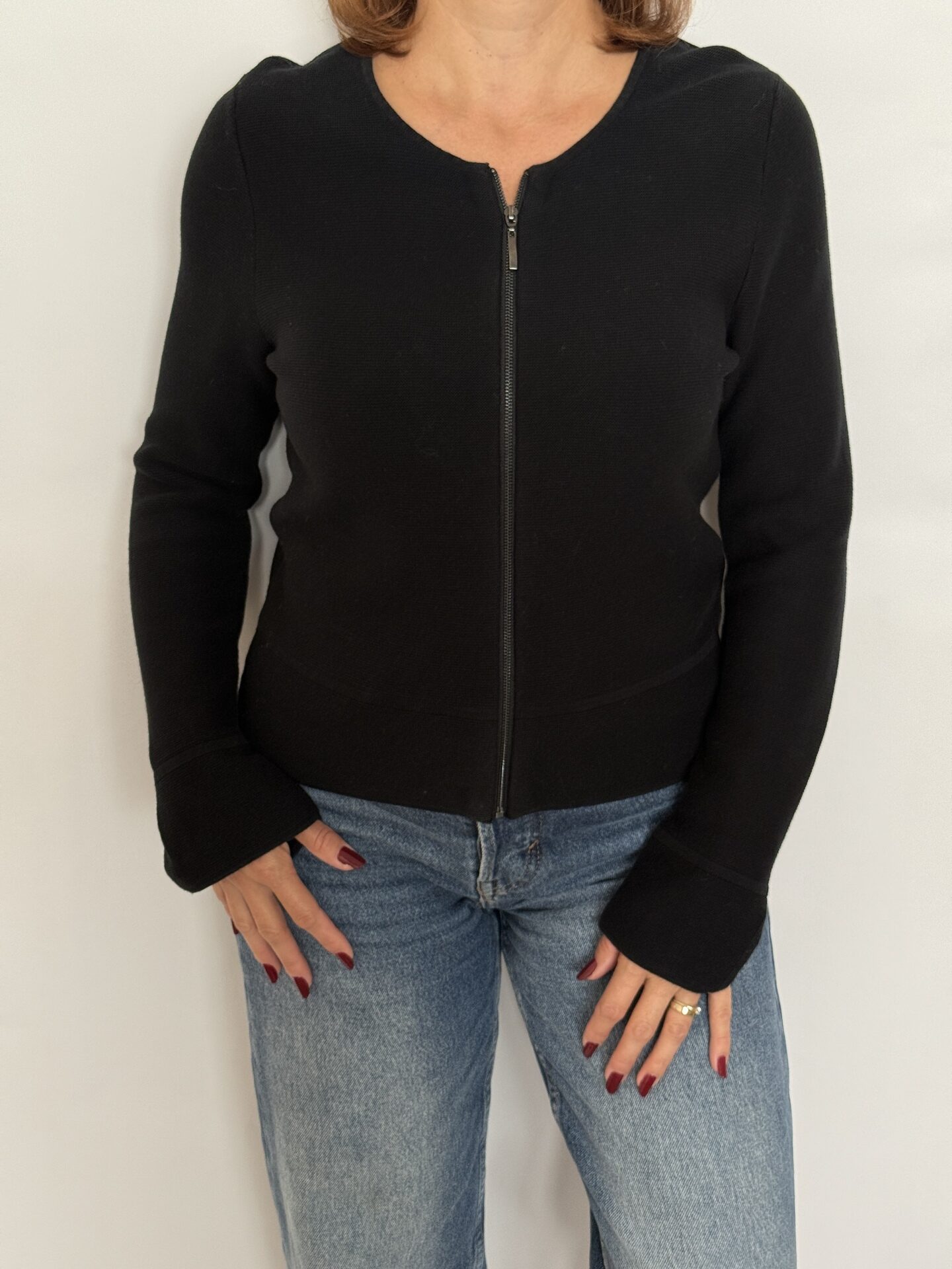 Cardigan din bumbac, croi drept, basic, închidere cu fermoar, model texturat, negru - Christian Berg