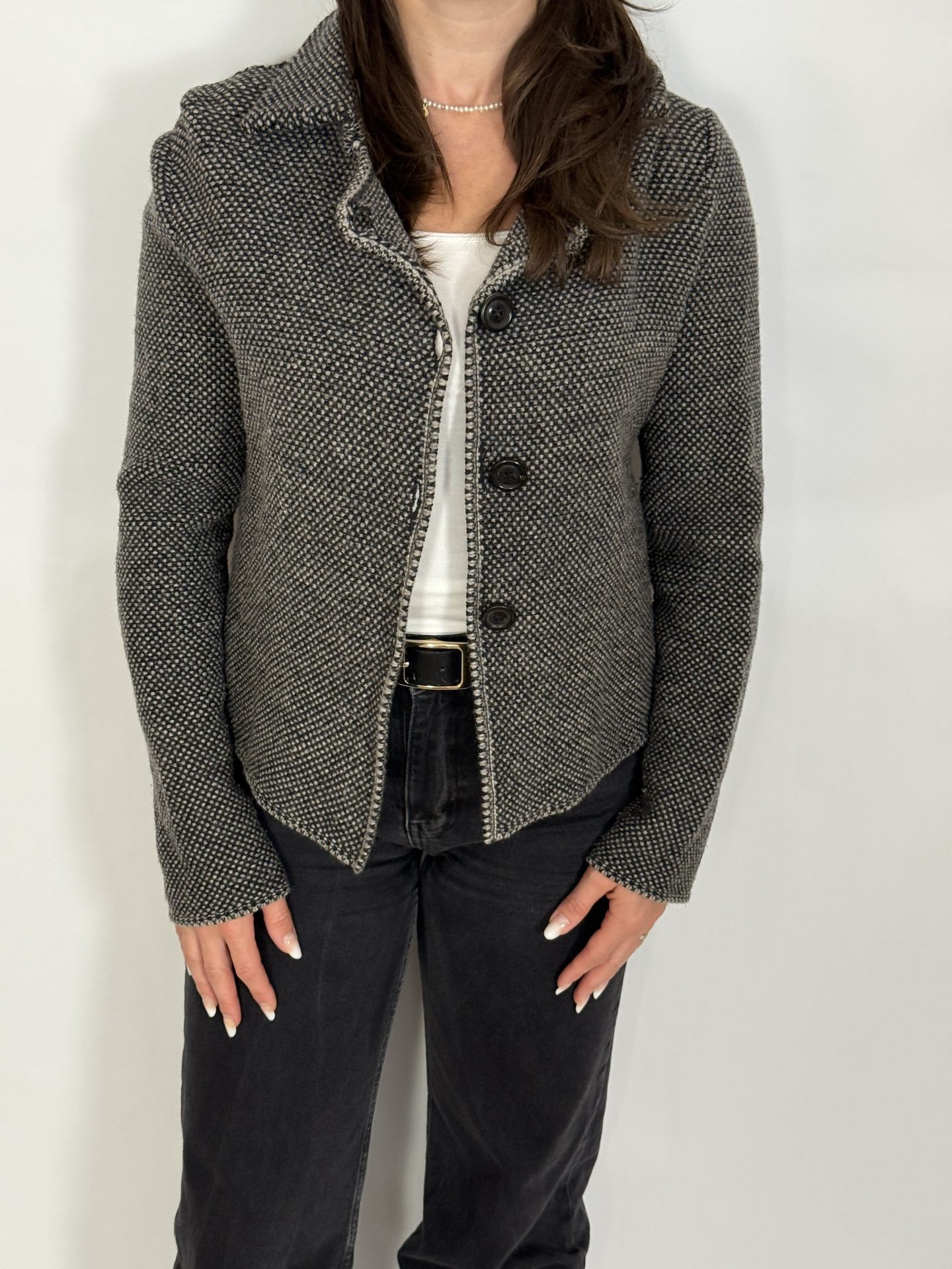 Cardigan tip jachetă din lână, croi drept, închidere cu nasturi, model texturat, gri - Piazza Sempione, Italy