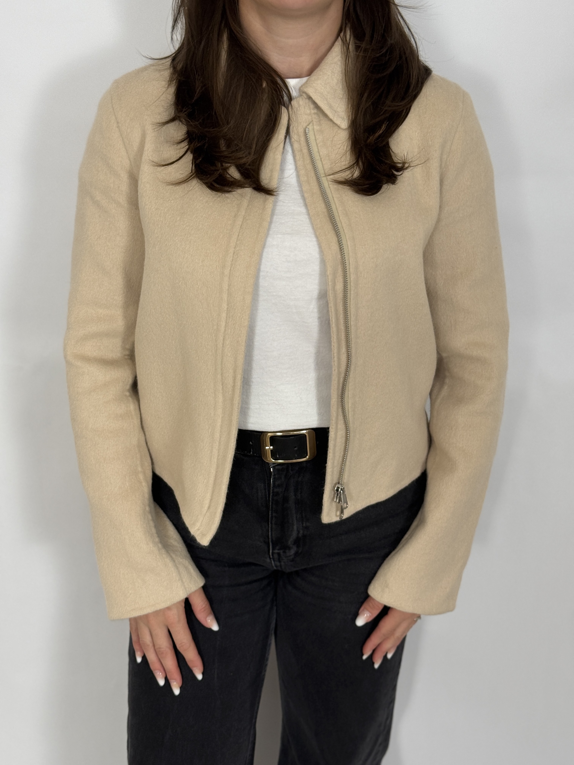 Jachetă din angora, croi drept, scurt, cu buzunare, închidere cu fermoar ascuns, crem - Jil Sander