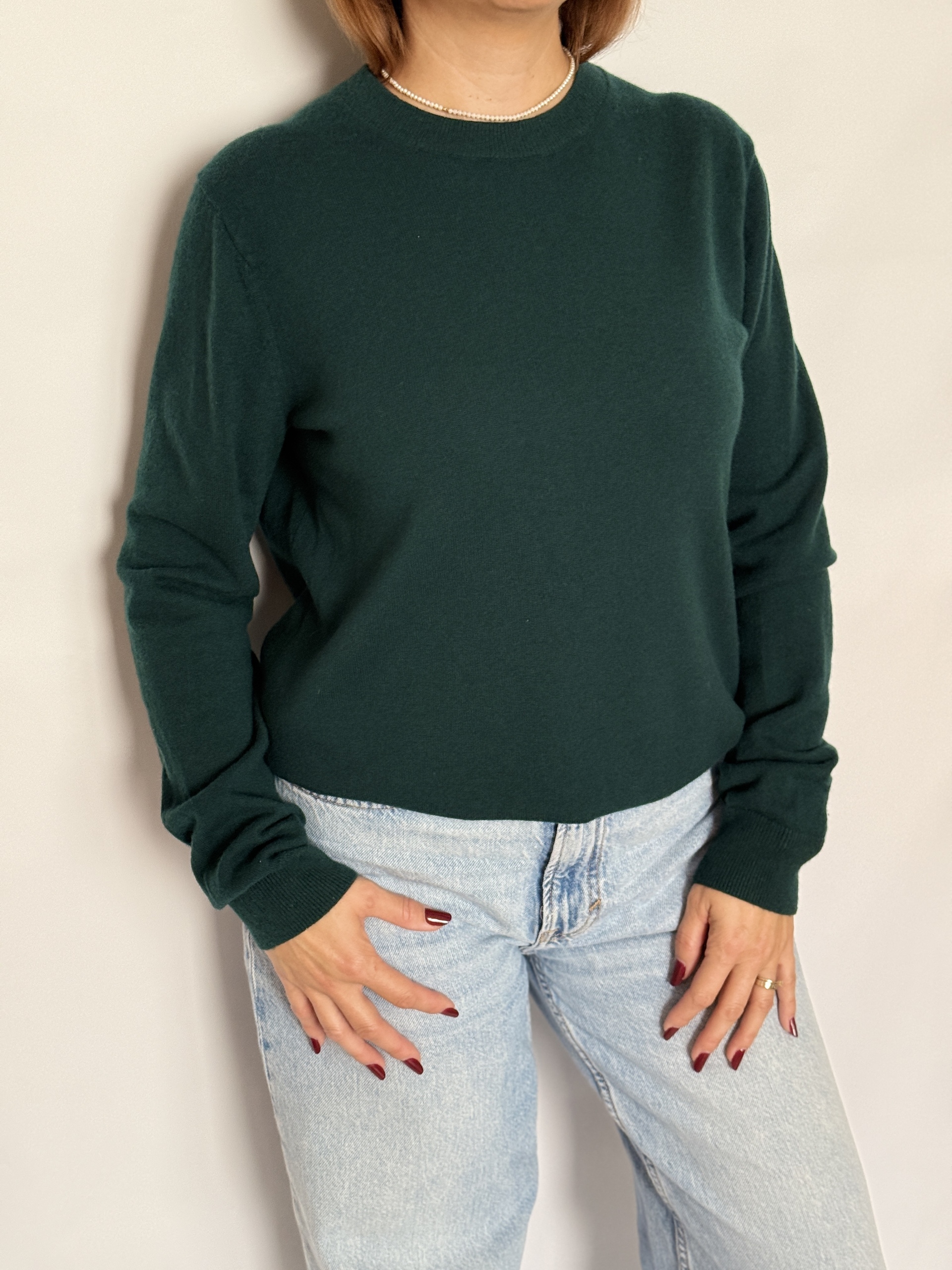 Pulover din cașmir, croi drept, cu decolteu rotund, model basic, verde - Uniqlo