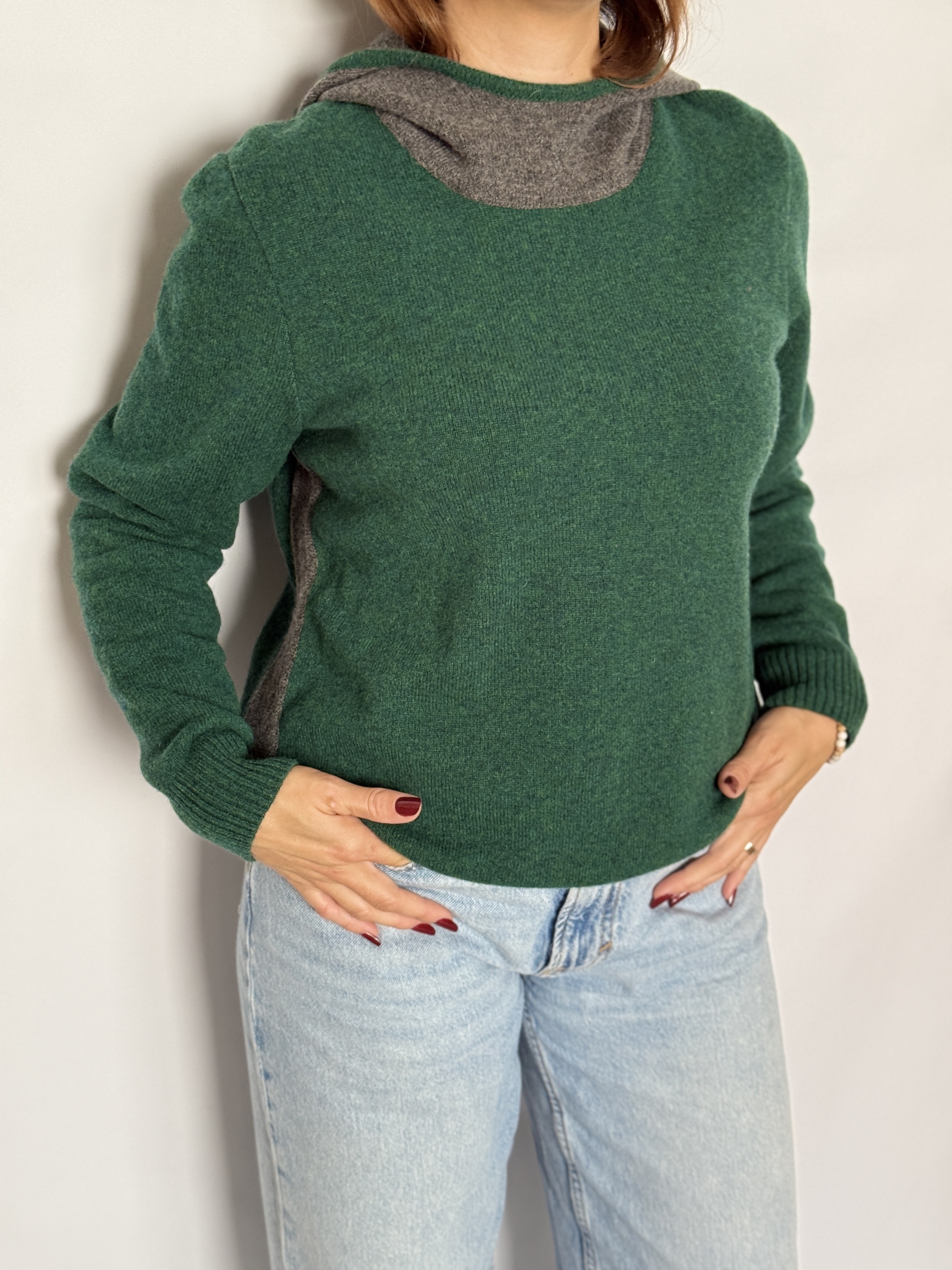 Hoodie vintage din lână merinos cu fir gros, croi drept, cu glugă, model mai sport, verde cu gri - Trachtmacher