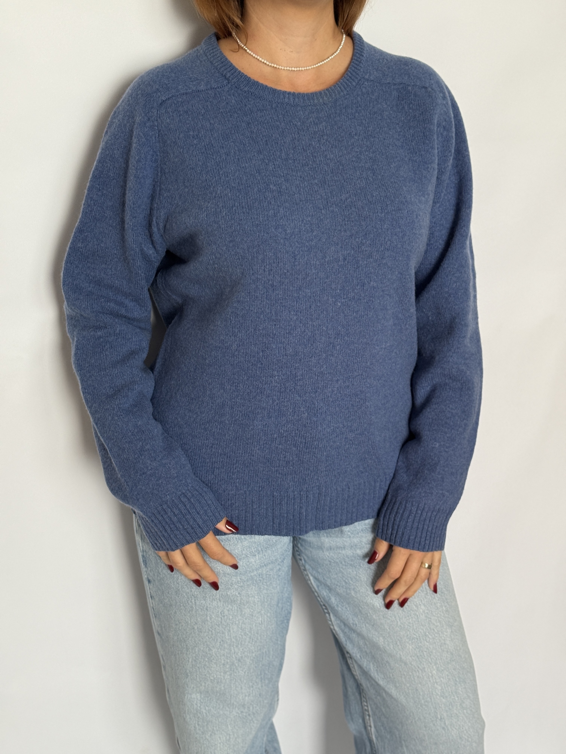 Pulover din lână certificată, croi drept, guler rotund, model basic, albastru, unisex - Springfield